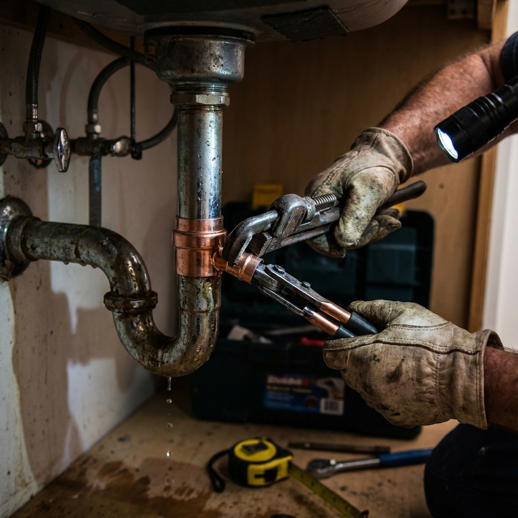 Plumber repairing emergency leak under sink